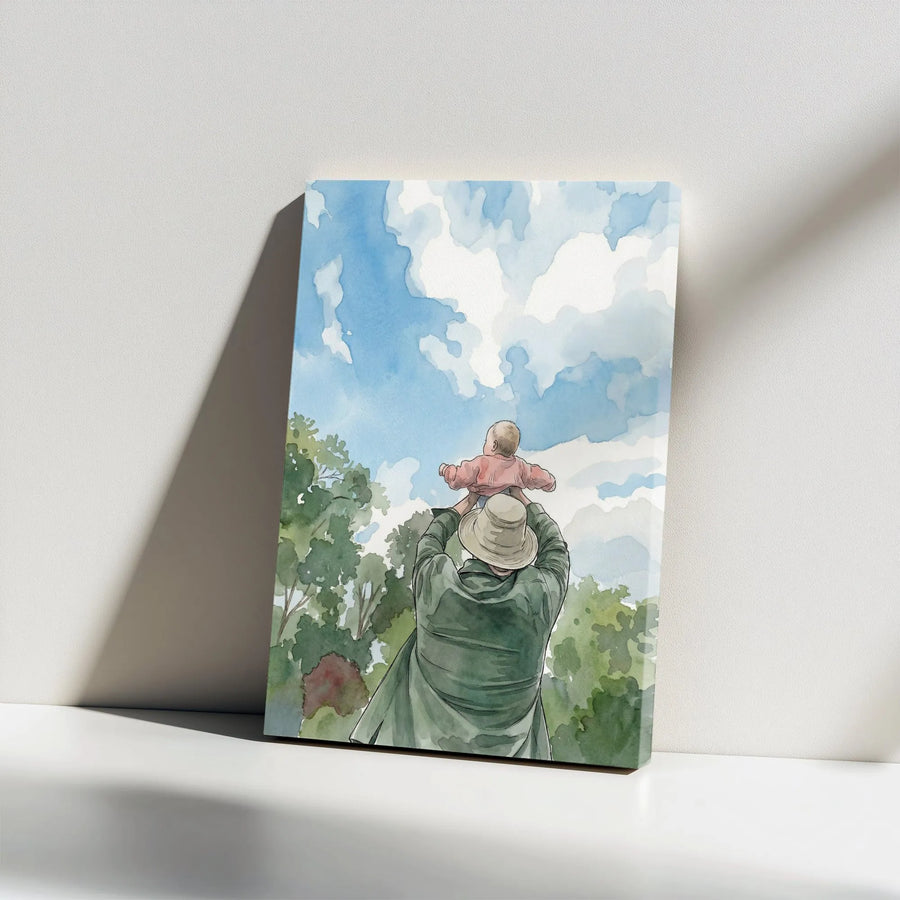 Father and Child Canvas Print | Watercolor Style Family Portrait | Premium Fade-Resistant Canvas | Nursery Wall Decor & New Dad Gift