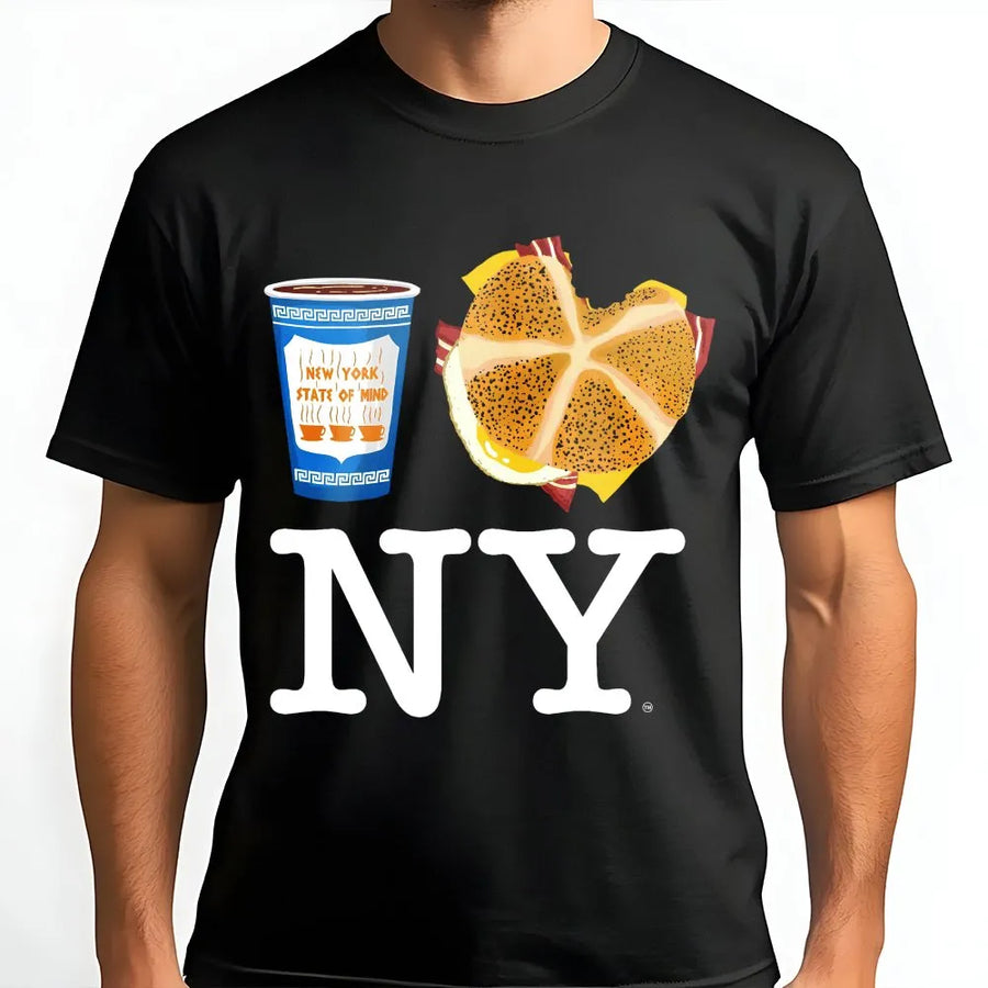 New York Breakfast T-Shirt | Bacon Egg and Cheese Bagel Graphic | Premium Soft Cotton Tee | NYC Foodie Souvenir Gift for Travelers