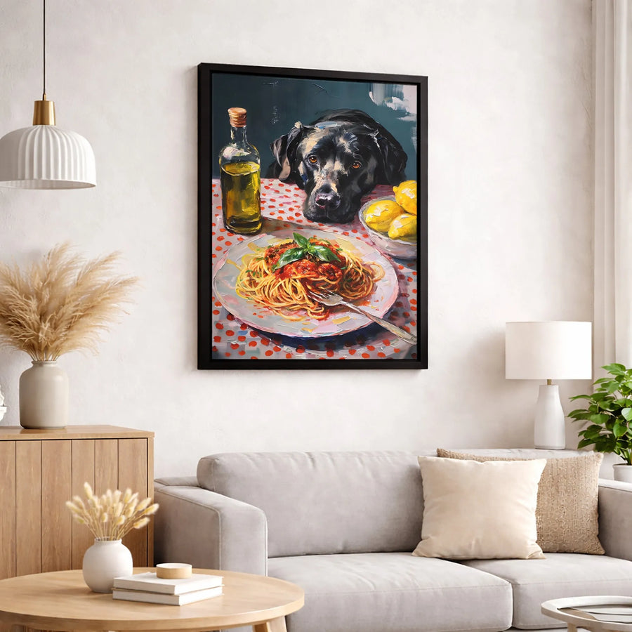 Black Labrador Wall Art | Whimsical Dog Eating Spaghetti Oil Painting Style | Premium Gallery Wrap Canvas | Unique Kitchen Decor Gift for Pet Lovers