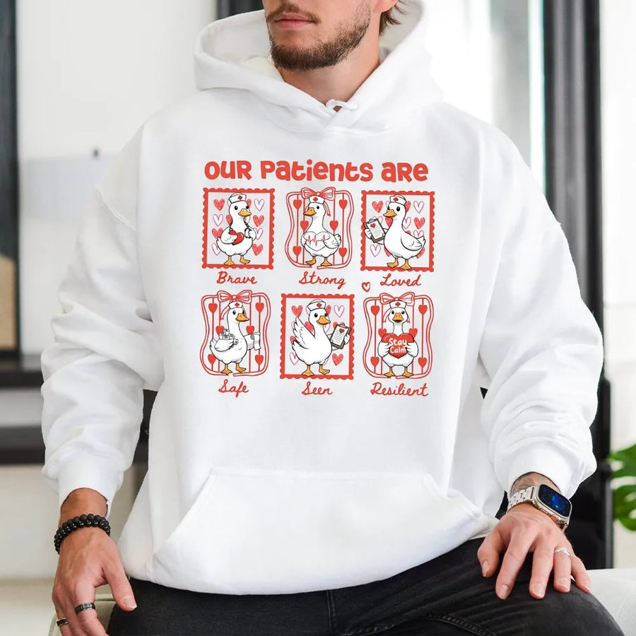 Nurse Duck Hoodie | Our Patients Are Brave Strong Loved Pullover | Premium Cotton Blend Jumper | Healthcare Appreciation Gift for Nurse or Doctor
