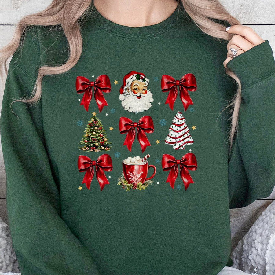 Christmas Sweatshirt | Retro Santa and Red Bows Graphic | Premium Cotton Blend | Festive Holiday Gift for Women and Men