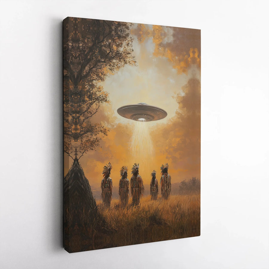 Native American Alien Encounter Canvas | UFO Sci-Fi Surreal Art | Premium Fade-Resistant Wall Decor | Gift for Space and History Enthusiasts