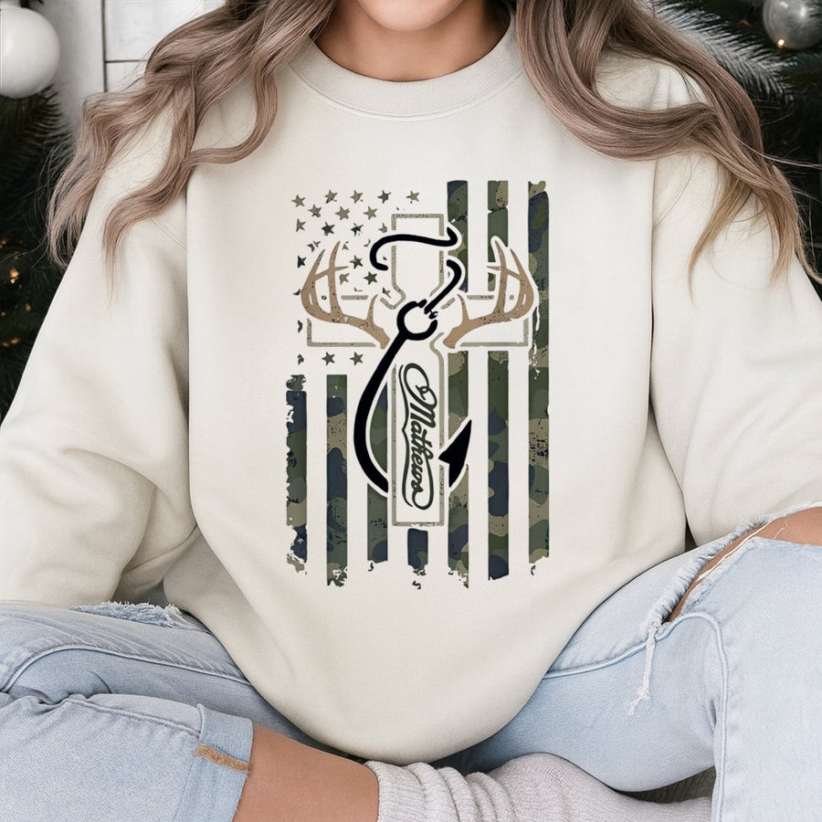 Camo Cross and Deer Antler Sweatshirt | Patriotic Hunting Graphic | Premium Cotton Blend | Gift for Hunter and Outdoorsman