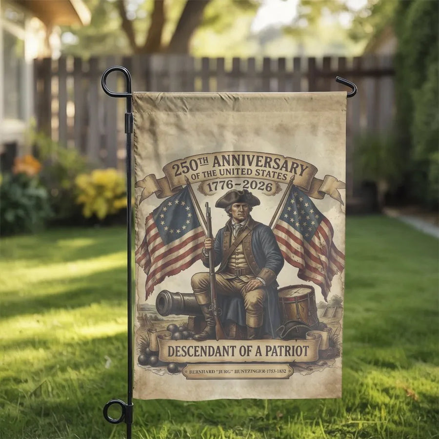 250th Anniversary Garden Flag | Descendant of a Patriot Banner | Weather Resistant Polyester | Collector's Gift for US History Buffs