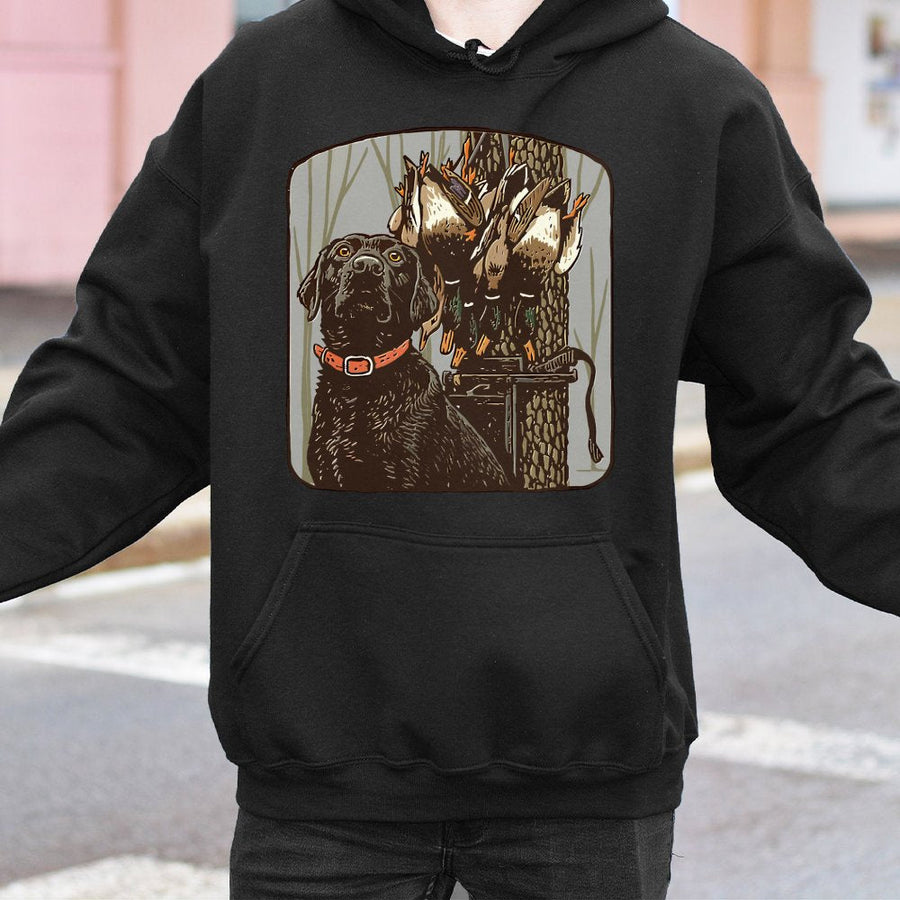 Black Lab Duck Hunting Hoodie | Mallard Retriever Graphic Print | Premium Cotton-Blend Apparel | Gift for Waterfowl Hunters