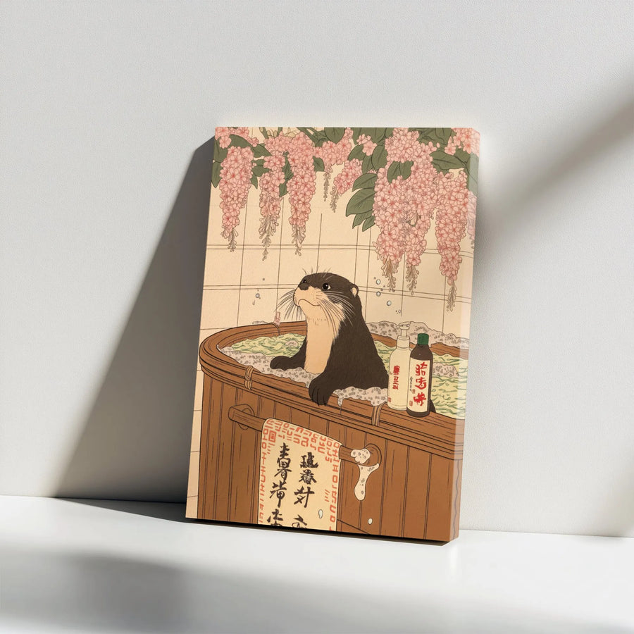 Otter Canvas Wall Art | Japanese Ukiyo-E Bathhouse With Wisteria | Premium Gallery-Wrap Print | Whimsical Nature Home Decor Gift For Animal Lovers