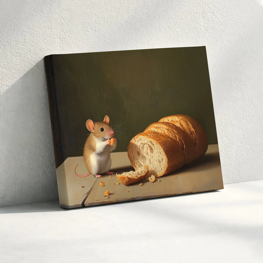 Vintage Mouse and Bread Canvas Print | Whimsical Animal Oil Painting Style | Premium Thick Gallery Wrap | Cottagecore Kitchen Decor Gift