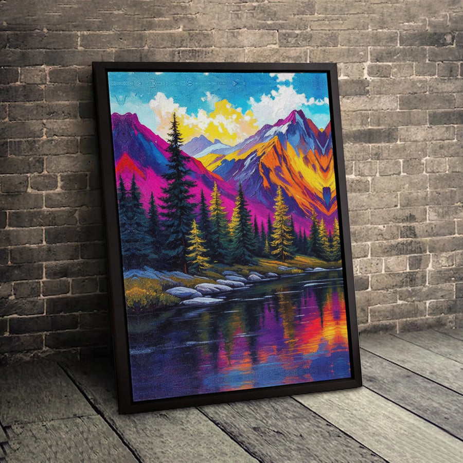 Colorful Mountain Canvas Art | Vibrant Landscape with Lake & Pines | Gallery Quality 1.25" Profile | Modern Nature Wall Decor Gift