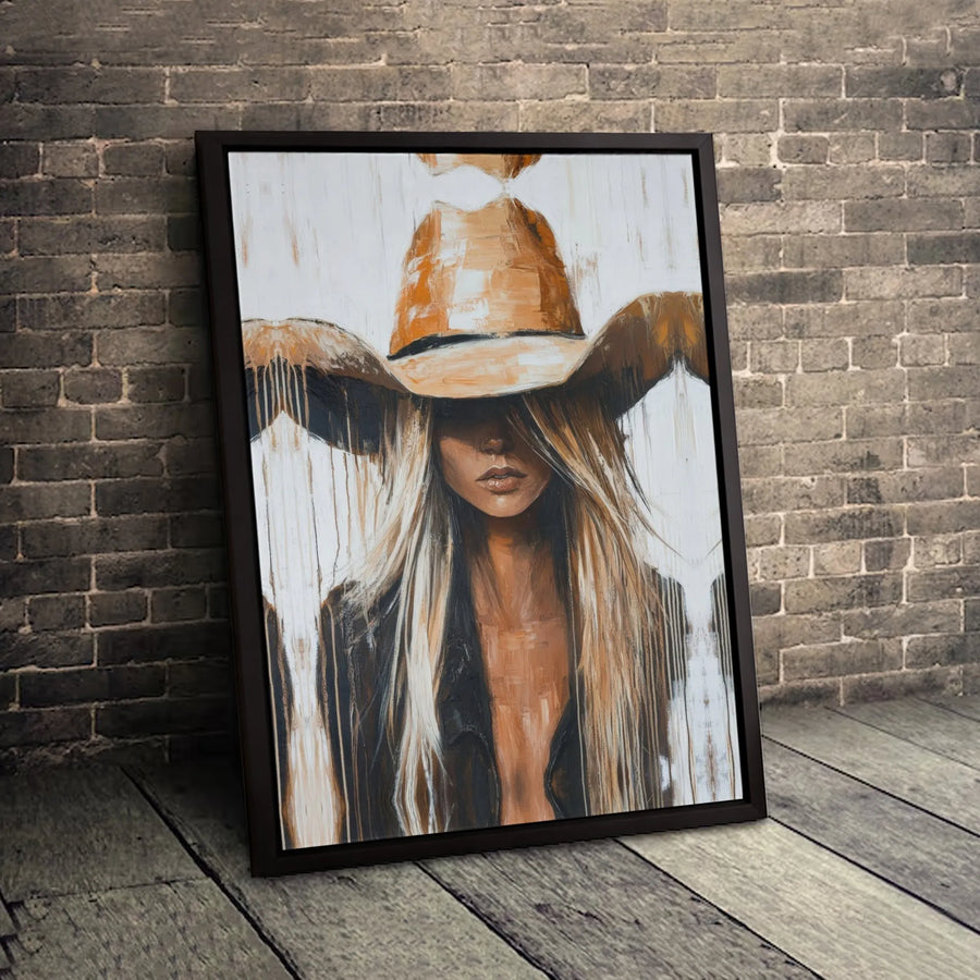 Cowgirl Canvas Wall Art | Abstract Blonde Woman In Cowboy Hat | Premium 1.25 Inch Gallery Wrap | Western Home Decor Gift