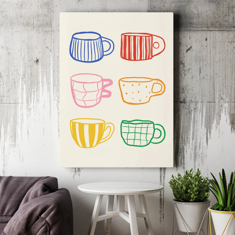 Colorful Coffee Mugs Wall Art | Hand-Drawn Minimalist Kitchen Decor | Premium Gallery Wrap Canvas | Modern Home Coffee Bar Gift