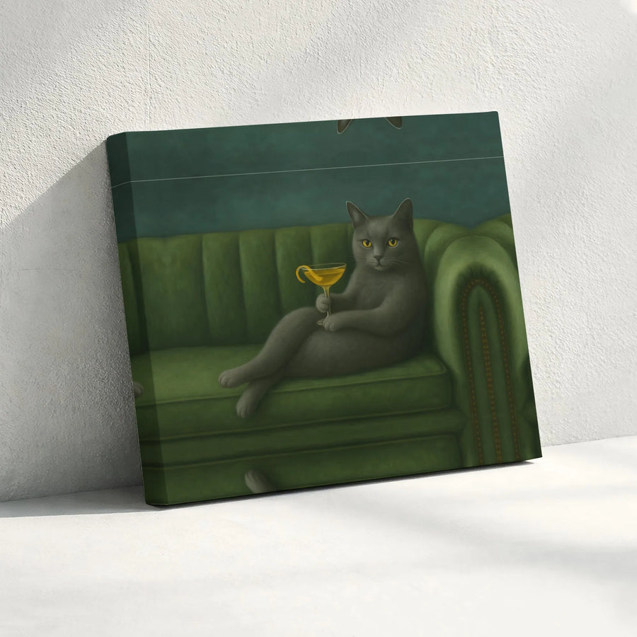 Sophisticated Grey Cat Art Canvas | Whimsical Lounge Cat Drinking Cocktail | Gallery Wrapped Premium Canvas | Gift for Cat Lovers & Bar Decor