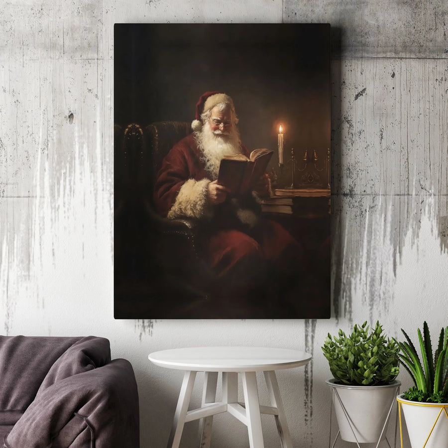 Santa Claus Reading A Book Canvas | Vintage Christmas Oil Painting Style | Premium 1.25 Inch Gallery Wrap | Festive Holiday Wall Art Decor
