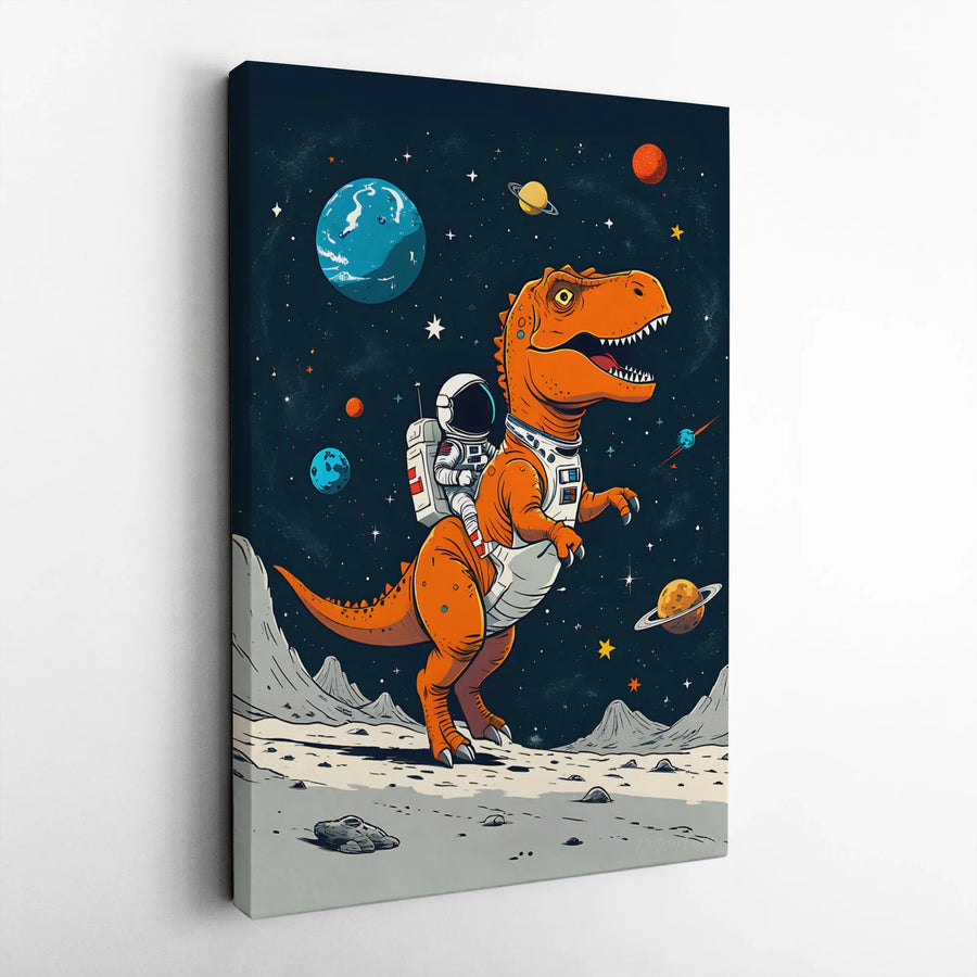 Astronaut T-Rex Wall Art | Whimsical Space Dinosaur Canvas Print | Premium Gallery-Wrapped Decor | Gift for Kids & Space Lovers