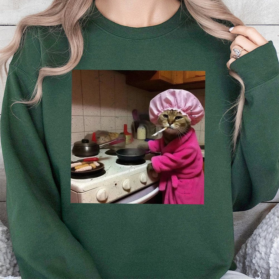Funny Cat Cooking Sweatshirt | Sassy Smoking Cat in Pink Robe Graphic | Premium Cotton Blend Crewneck | Humorous Gift for Cat Lovers & Meme Fans