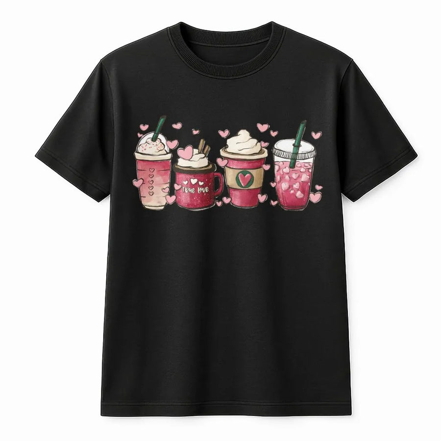 Valentine Coffee T-Shirt | Heart Mug & Latte Graphic Print | Premium Soft Cotton Tee | Cute Valentines Day Gift For Coffee Lovers