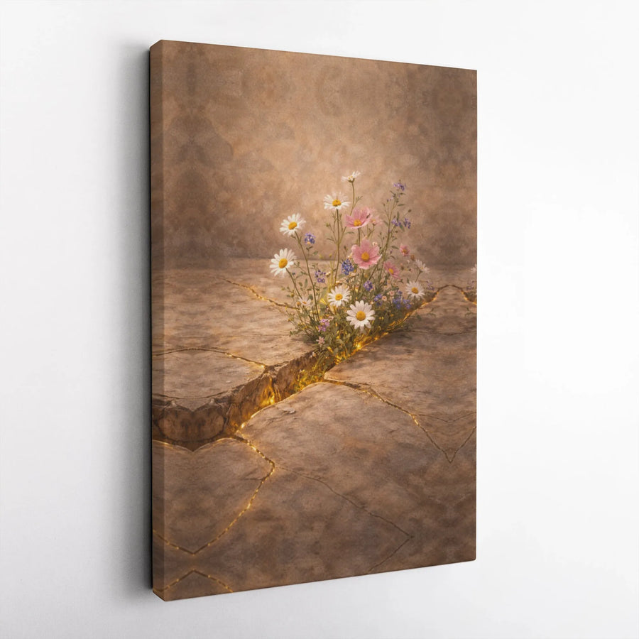 Inspirational Wildflower Canvas Wall Art | Kintsugi Inspired Golden Crack Design | Premium Gallery Wrapped Canvas | Motivational Gift for Growth & Resilience