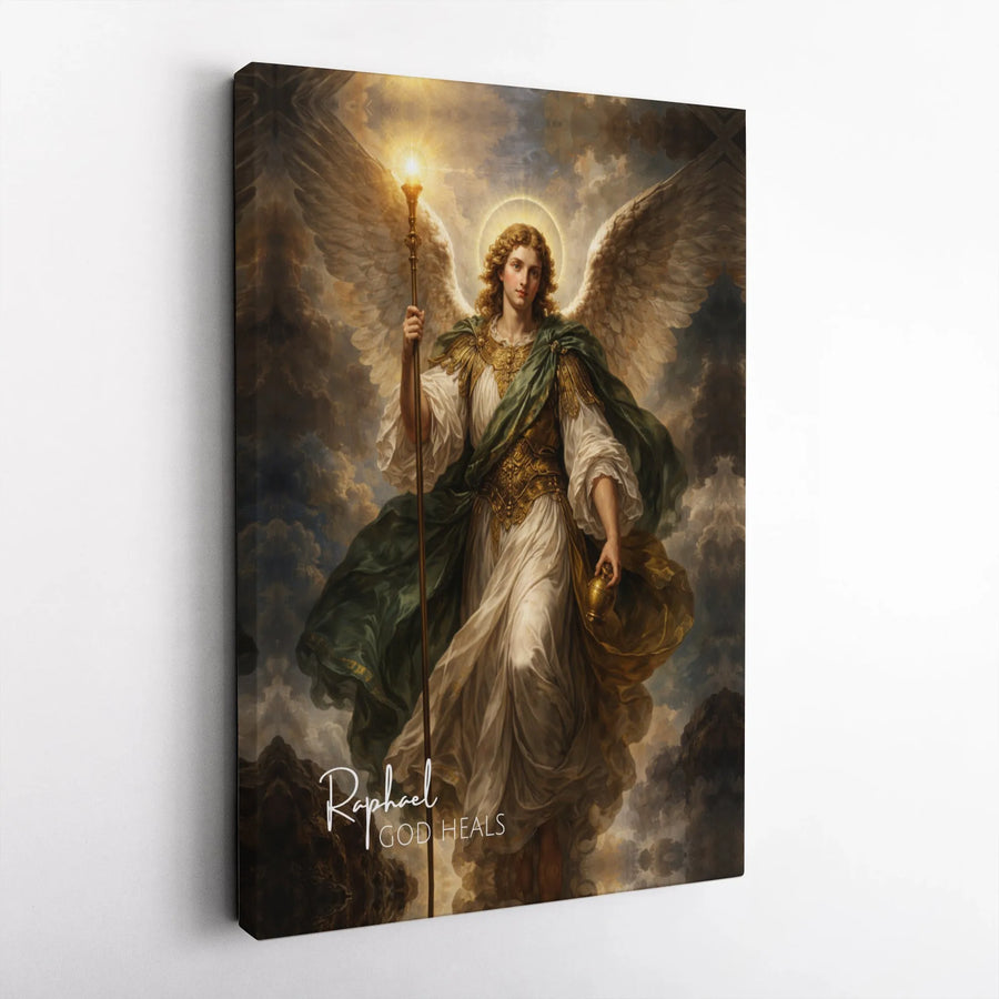 Archangel Raphael Vertical Canvas | Patron Saint of Healing Angel Art | Classical Oil Painting Style with God Heals Text | Premium 1.25 Inch Stretched Gallery Wrap | Christian Devotional Gift
