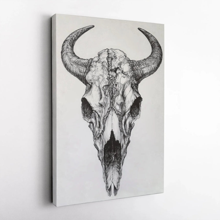 Bull Skull Canvas Wall Art | Detailed Western Animal Sketch | Premium Gallery Wrapped Print | Southwestern Home Decor Gift
