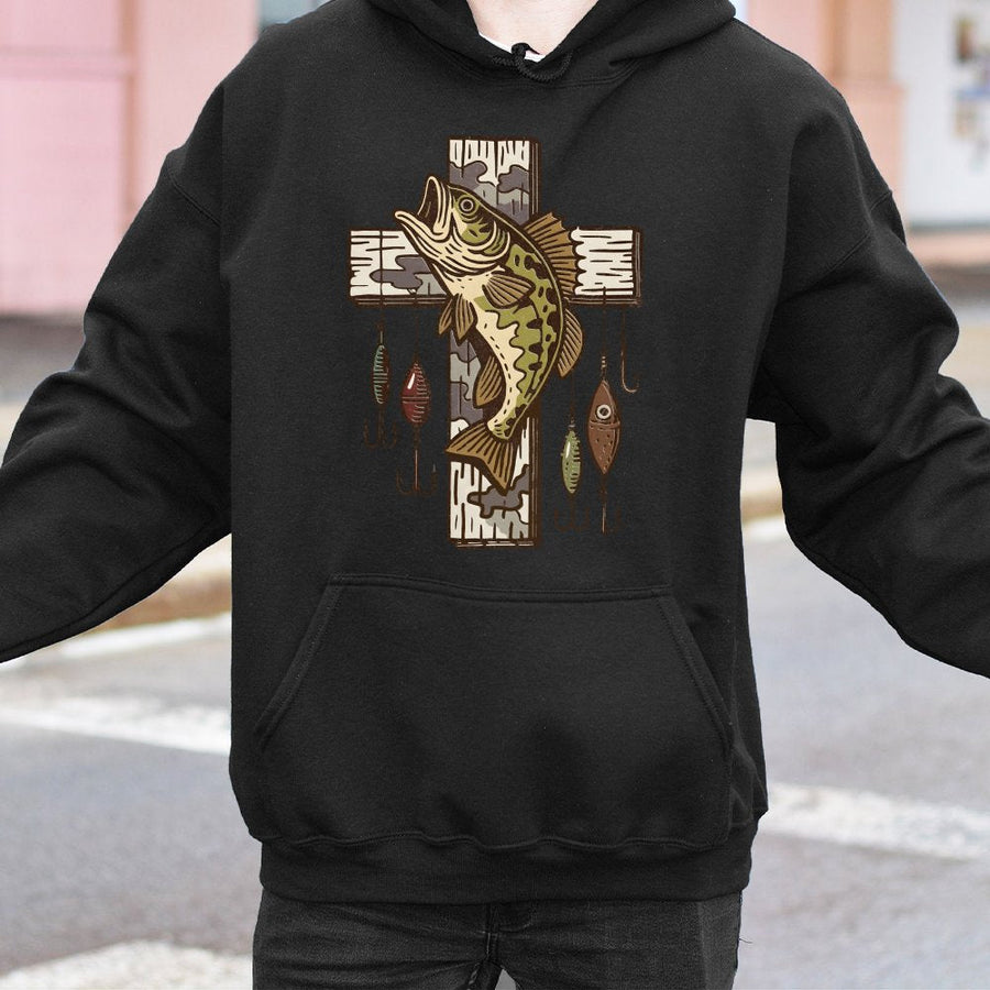 Fishing Cross Hoodie | Bass Fish & Lure Graphic Design | Premium Cotton-Blend Comfort | Faith Based Outdoorsman Gift For Men And Women