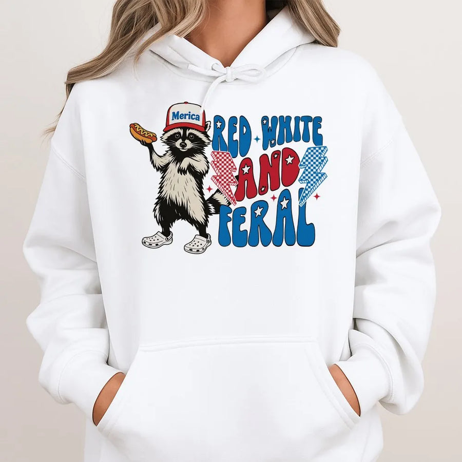 Red White and Feral Hoodie | Funny Patriotic Raccoon Graphic | Premium Cotton Blend | 4th of July Independence Day Gift