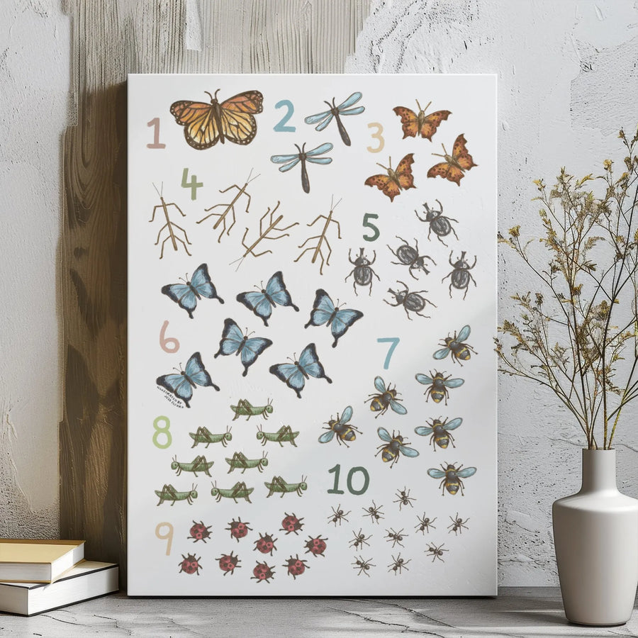 Educational Insect Counting Chart | Watercolor Bug Wall Art | Premium Gallery Wrap Canvas | Nursery Decor for Kids Learning