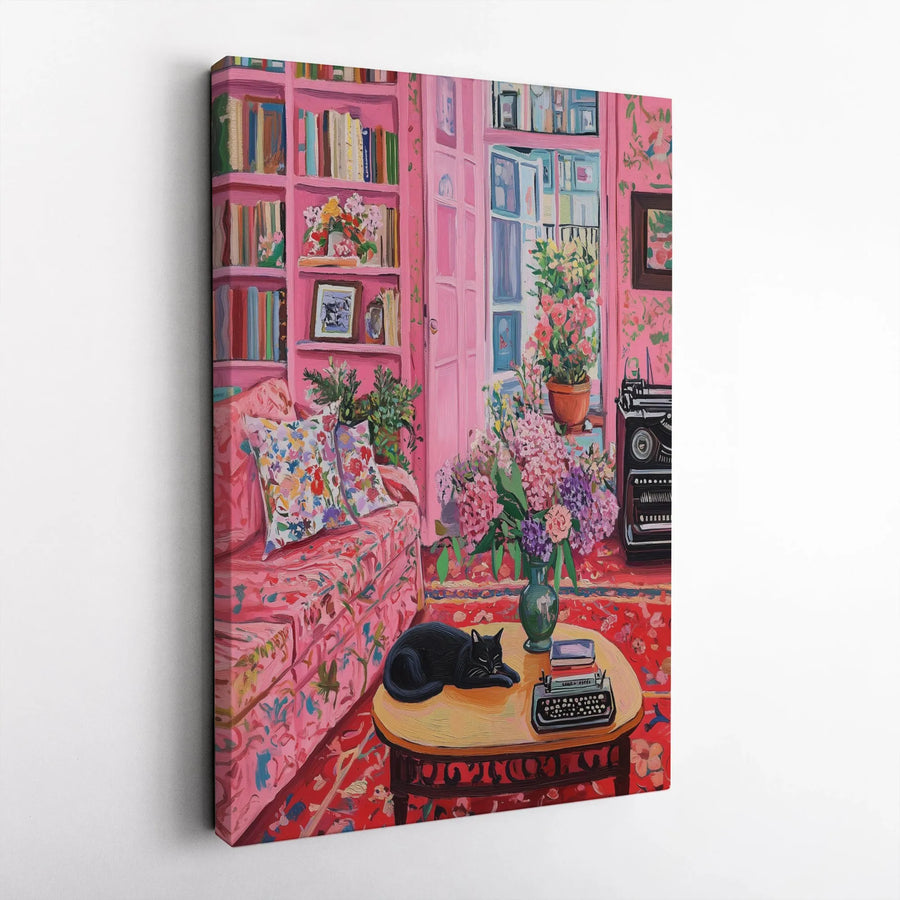 Black Cat Sleeping Canvas Art | Pink Library Aesthetic Wall Decor | Premium Gallery Wrap Print | Whimsical Book Lover Gift