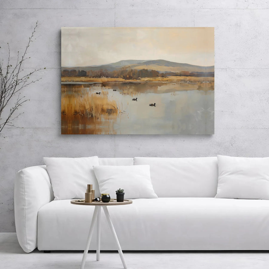 Lake Landscape Canvas Wall Art | Peaceful Duck Pond Painting | Gallery Wrapped 1.25" Premium Print | Nature Inspired Home Decor for Living Room