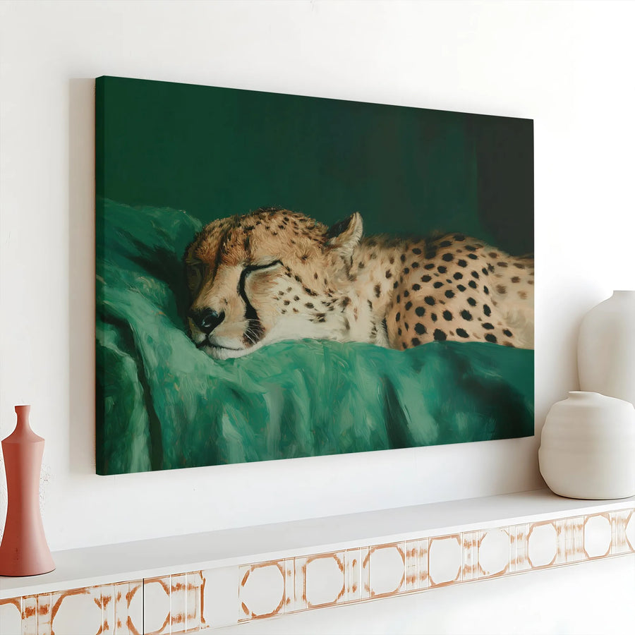 Tranquil Cheetah Canvas Wall Art | Serene Big Cat Portrait in Oil Painting Style | Premium Gallery Print | Moody Emerald Green Decor for Living Room Gift