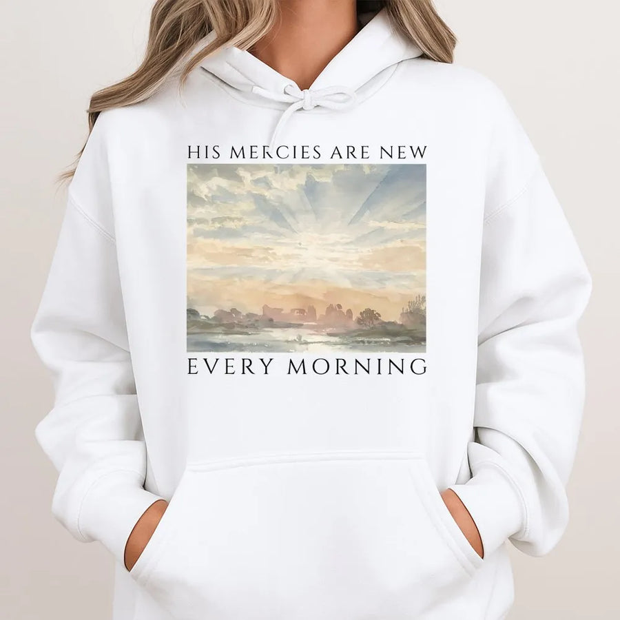 His Mercies Are New Every Morning Hoodie | Christian Watercolor Art Sweatshirt | Premium Cotton Blend | Inspirational Faith Gift for Women