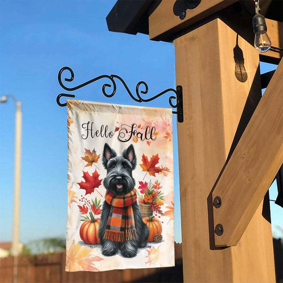 Scottish Terrier Garden Flag | Hello Fall Autumn Leaves Pumpkins | Premium Weather-Resistant Polyester | Seasonal Dog Lover Yard Decor Gift