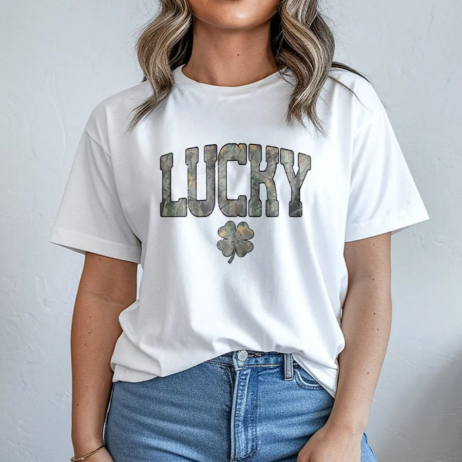 Lucky Shamrock T-Shirt | Camo Print St Patricks Day Shirt | 100% Cotton Premium Tee | Western Style Irish Gift for Women and Men