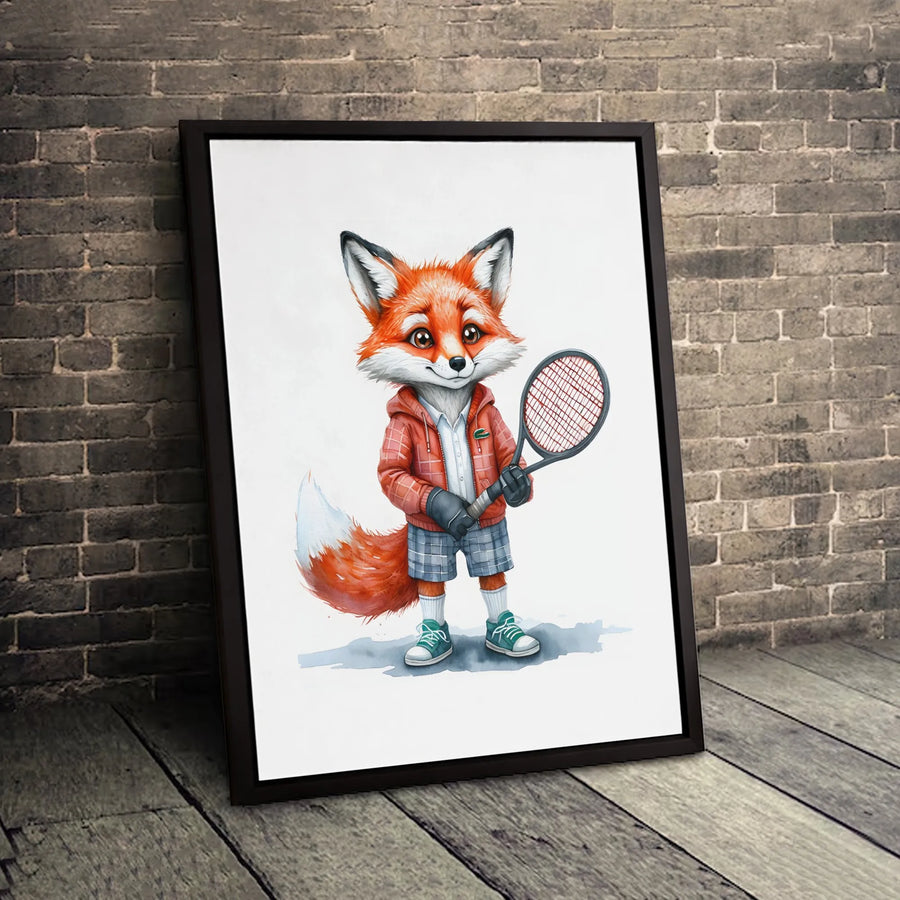 Cute Fox Tennis Player Canvas Wall Art | Watercolor Animal Sports Print | Premium Gallery-Wrapped Decor | Gift for Tennis Lovers & Kids Room