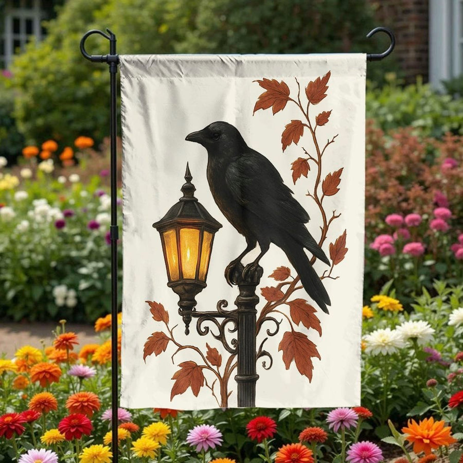Crow Garden Flag | Raven On Vintage Lantern With Autumn Leaves | Weather-Resistant Polyester | Gothic Halloween Fall Yard Decor