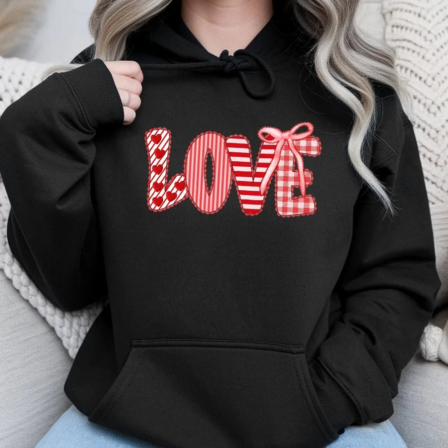 Love Valentine Hoodie | Coquette Aesthetic Patchwork Heart Gingham Bow Graphic | Soft Cotton Blend Sweatshirt | Romantic Gift For Her Women Teens