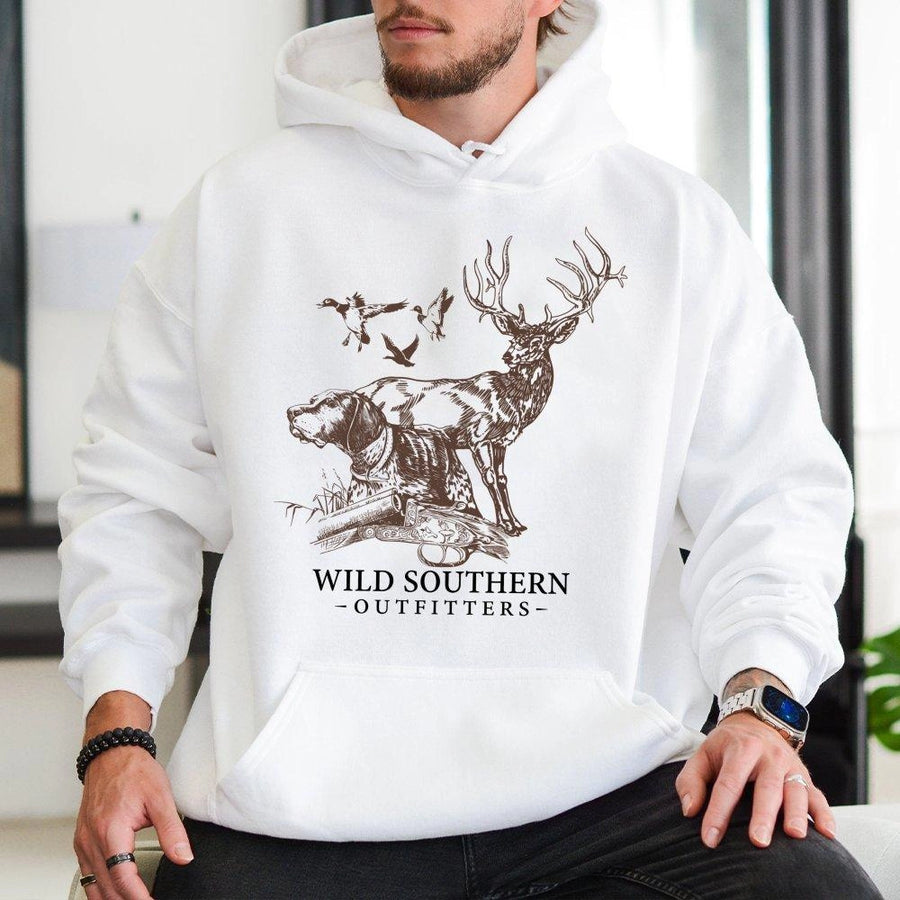 Hunting Hoodie | Vintage Deer and Bird Sketch Graphic | Premium Cotton Blend | Unisex Gift for Outdoorsmen and Country Lovers