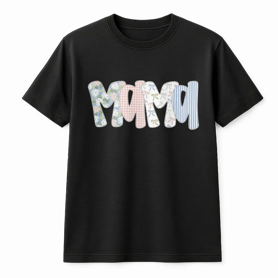 Floral Preppy Mama T-Shirt | Coquette Patchwork Graphic Tee | Soft Cotton Classic Fit | Gift for New Mom on Mother's Day