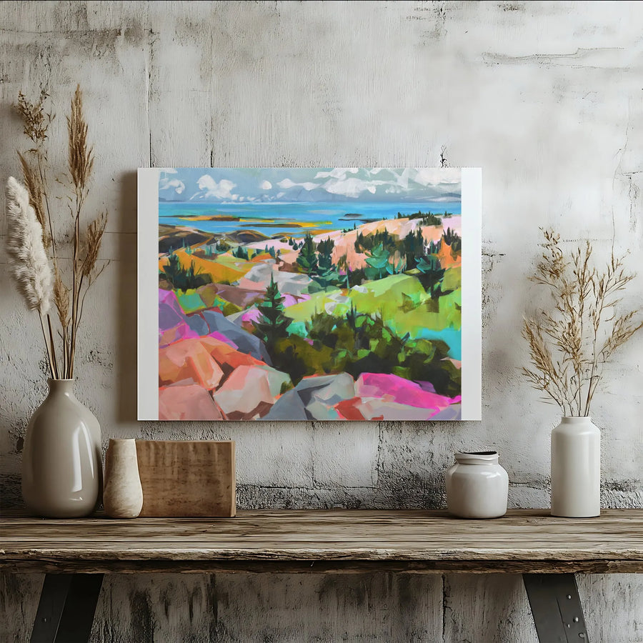 Abstract Coastal Landscape Canvas | Colorful Expressionist Painting Print | Premium Gallery Wrapped Canvas | Modern Home Office Wall Decor