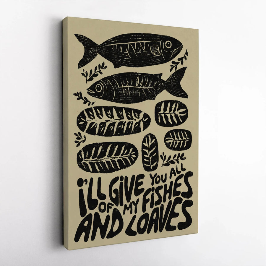 Christian Wall Art Canvas Print | Fishes and Loaves Linocut Style Print | Premium Gallery-Wrapped Canvas | Inspirational Gift for Christians