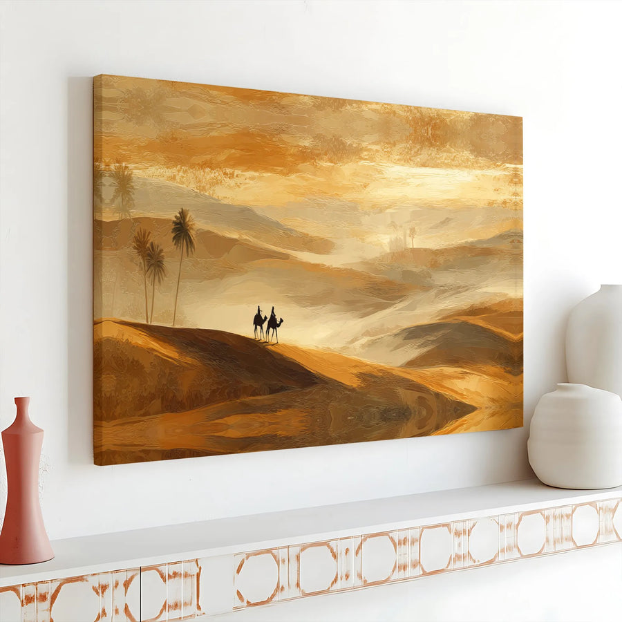 Desert Landscape Canvas Wall Art | Camel Caravan Sunset Painting | Premium Gallery Wrapped Canvas | Bohemian Home Decor Gift