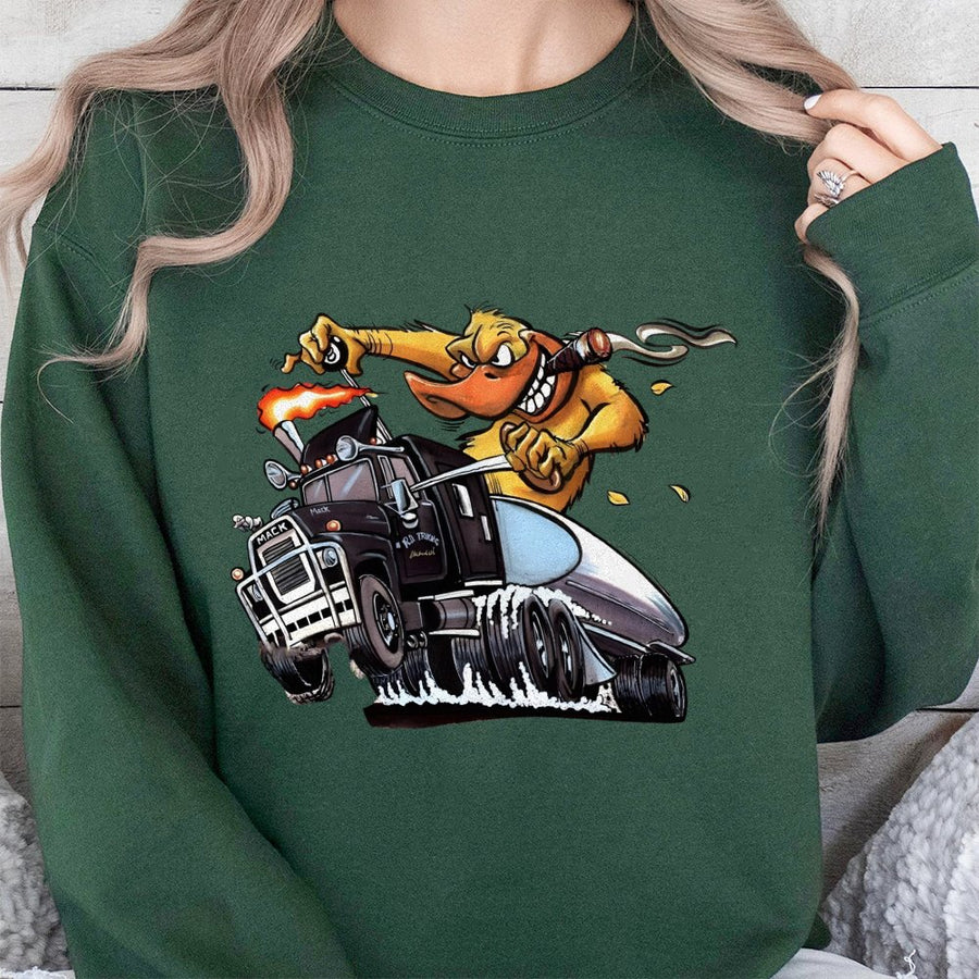 Vintage Mack Flame Truck Sweatshirt β Cartoon Duck Tanker Sweatshirt,Funny Semi Truck Diesel Graphic,Trucker Gift Outfit,Mack Bulldog