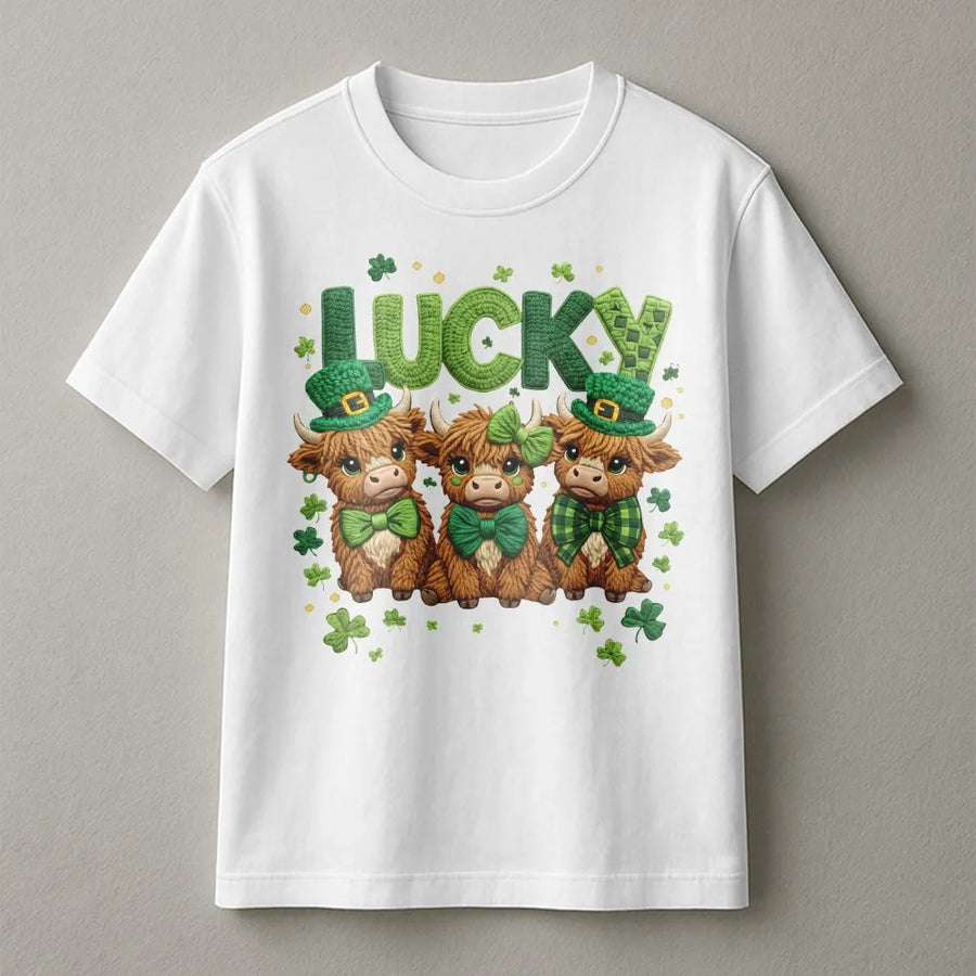 Lucky Highland Cow T-Shirt | St. Patrick's Day Cute Irish Farm Animal Graphic | Premium Soft Cotton | Gift For Women Men Kids