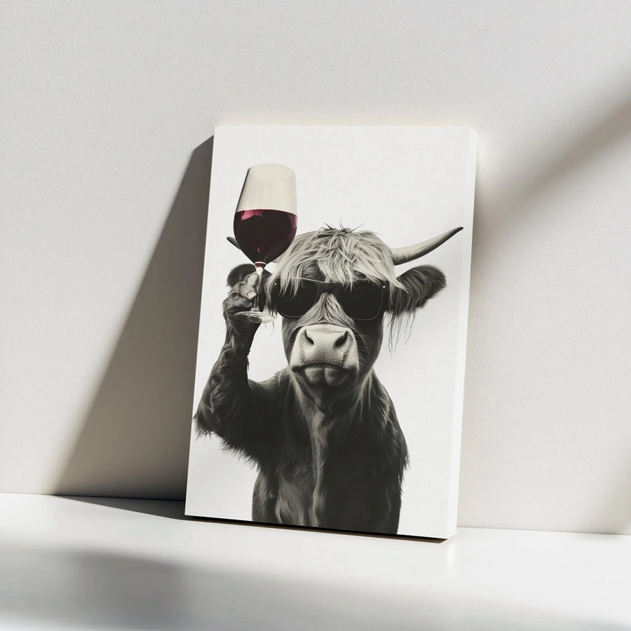 Highland Cow Canvas Wall Art | Funny Sunglasses Wine Drinking Print | Premium Gallery Wrap Decor | Farmhouse Kitchen Wall Decor Gift