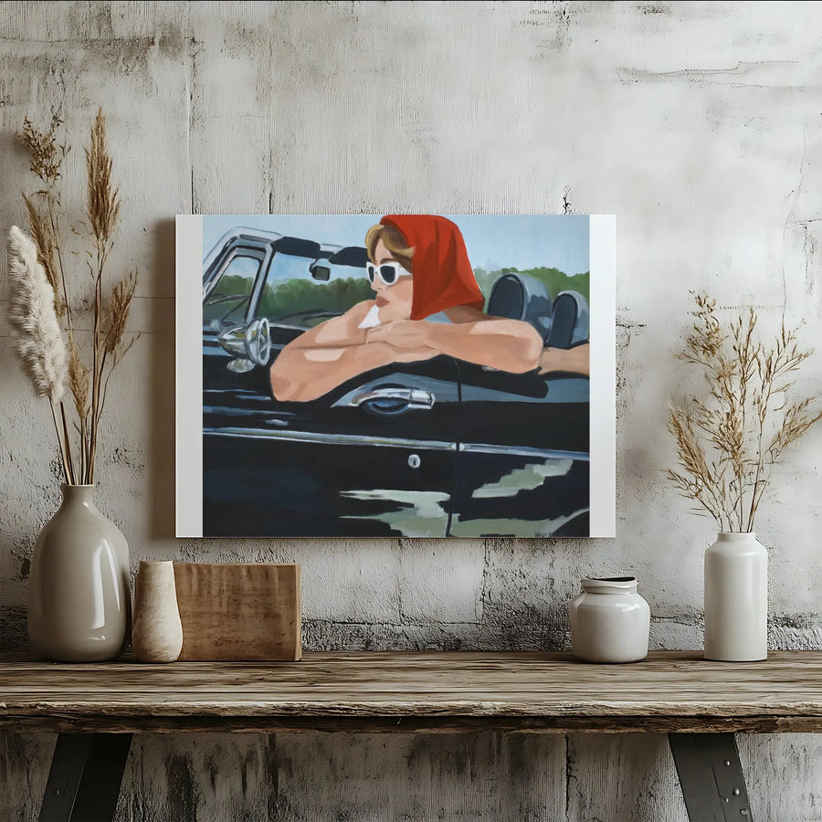 Vintage Car Canvas Wall Art | Woman in Red Headscarf & Convertible | Premium Gallery Print | Aesthetic Room Decor Gift for Her