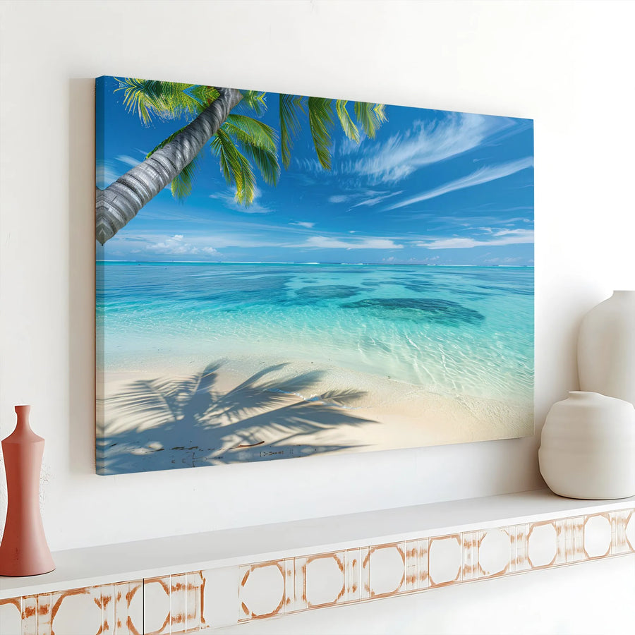 Tropical Beach Horizontal Canvas | Palm Tree Ocean Waves Coastal Wall Art | Premium Fade-Resistant Frameless Print | Modern Living Room Decor Gift