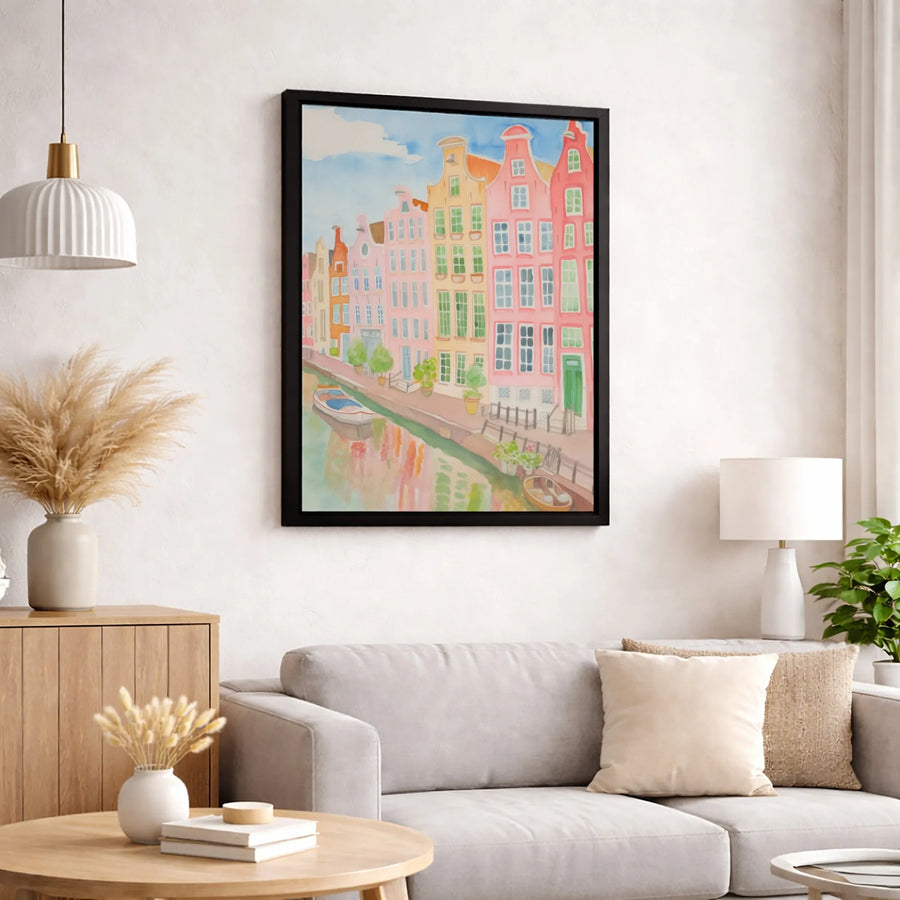 Amsterdam Canal Houses Canvas Art | Watercolor European City Print | Premium Fade-Resistant Wall Decor | Travel Lover Housewarming Gift