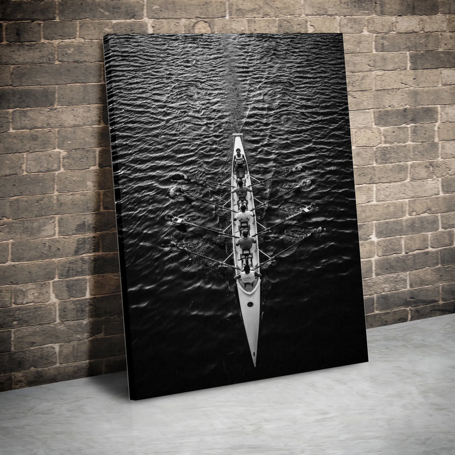 Rowing Team Wall Art | Black and White Aerial Sports Photography | Gallery-Wrapped Canvas Print | Perfect Gift for Rower or Coach