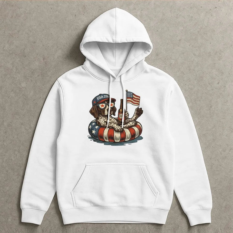 Patriotic Dog Hoodie | Funny USA 250 Puppy Graphic with Beer & Flag | Soft Cotton Tee | 4th of July Gift for Dog Lover