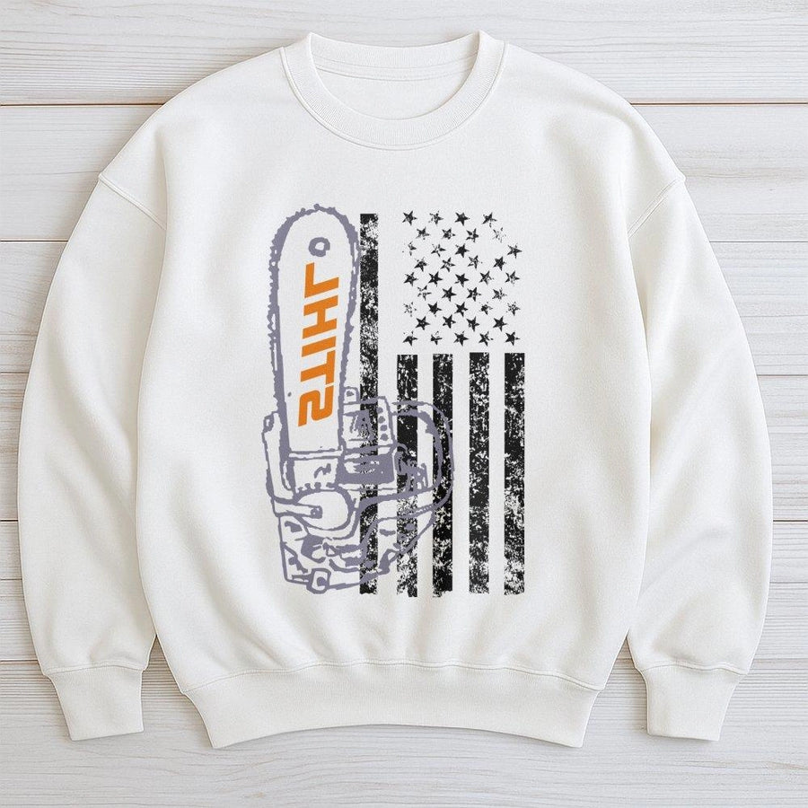 Chainsaw Flag Sweatshirt | Patriotic Forestry Graphic | Premium Cotton Blend | Gift for Lumberjack, Tree Surgeon, and Outdoor Enthusiast