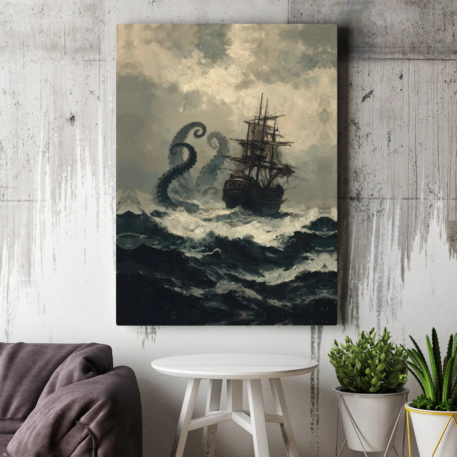 Kraken Sea Monster Canvas Art | Vintage Nautical Ship Storm Painting | Premium Gallery Wrap Wall Decor | Mythical Ocean Adventure Gift
