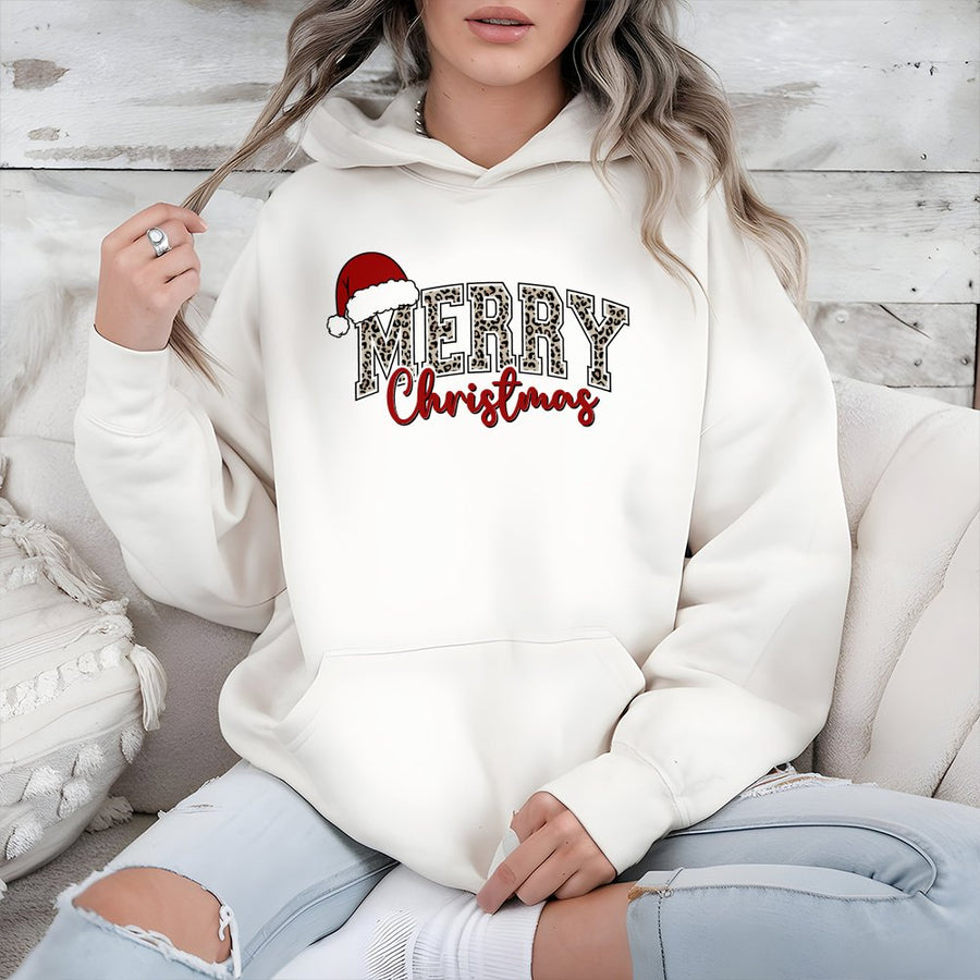Merry Christmas Leopard Print Hoodie | Festive Santa Hat Graphic | Soft Cotton-Polyester Blend | Holiday Gift For Women & Men